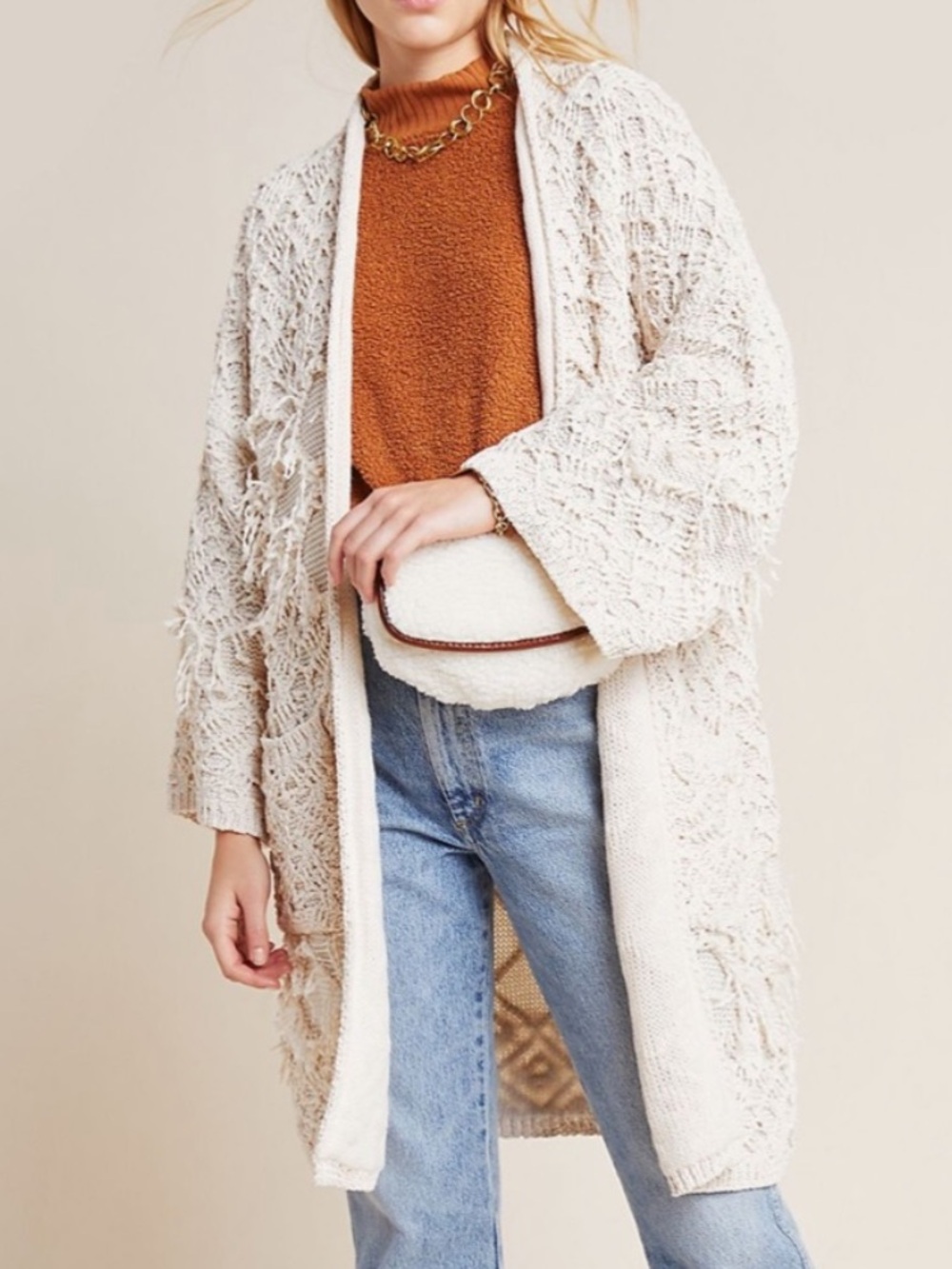 Anthropologie Akemi + Kin NWT Cream Open-Knit Long Cardigan Sweater size OS